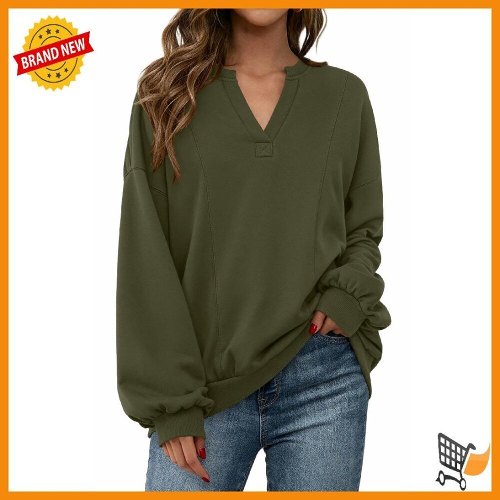 Oversized V-Neck Fleece Sweatshirt with Pockets, Drop Shoulder, Long Sleeve